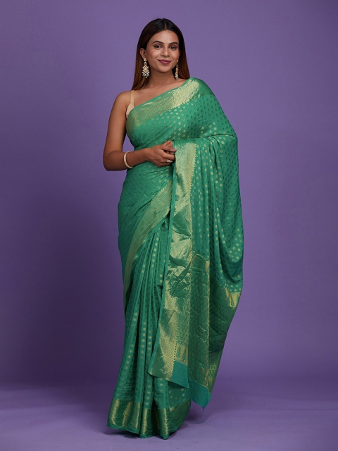 

Koskii Green & Gold-Toned Ethnic Motifs Woven Design Zari Art Silk Banarasi Saree