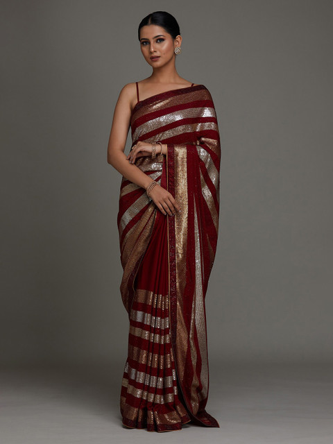 

Koskii Maroon & Grey Striped Beads and Stones Saree