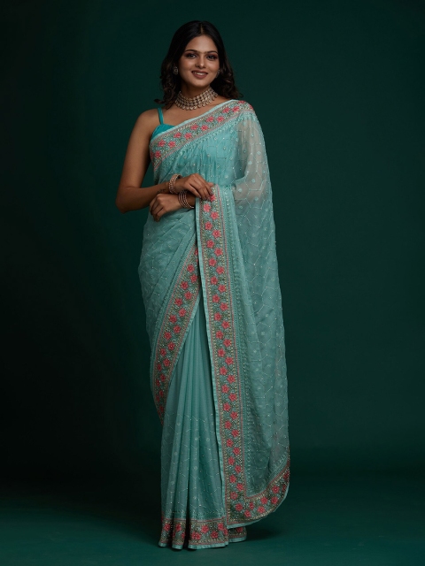 

Koskii Blue & Pink Floral Embroidered Saree