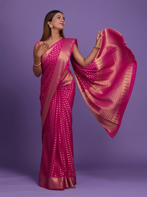 

Koskii Women Pink & Gold-Toned Woven Design Zari Art Silk Banarasi Saree