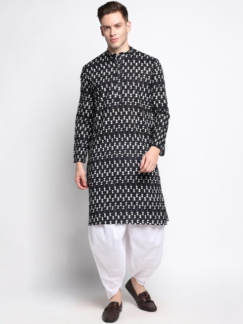 

DEVOILER Men Black Printed Pure Cotton Kurta with Dhoti Pant