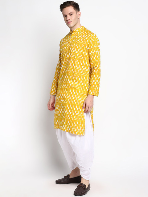 

DEVOILER Men Yellow Printed Pure Cotton Kurta with Dhoti Pants