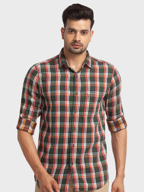 

ColorPlus Men Green Tailored Fit Tartan Checked Organic Cotton Casual Shirt