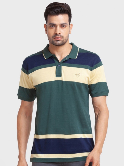 

ColorPlus Men Green & Blue Striped Polo Collar Organic Cotton Slim Fit T-shirt