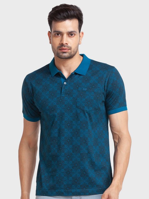 

ColorPlus Men Blue Printed Polo Collar Organic Cotton Slim Fit T-shirt