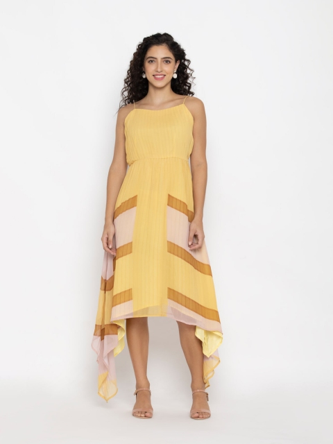 

OCTICS Yellow Georgette A-Line Midi Dress