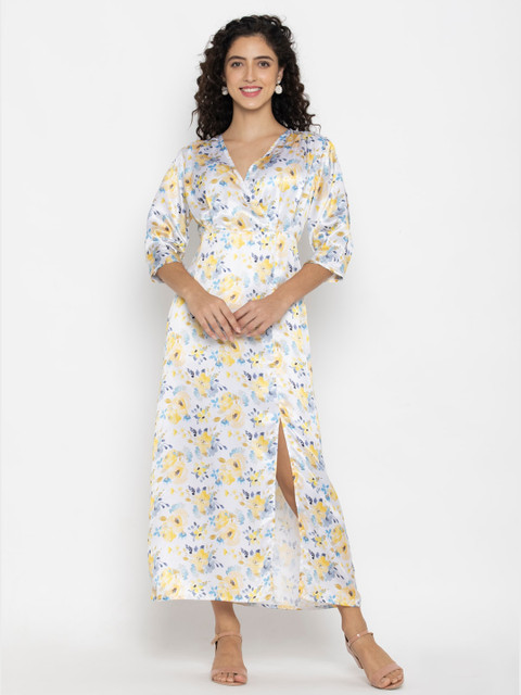 

OCTICS Yellow Floral Satin Midi Dress