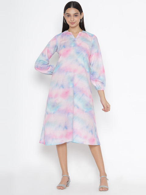 

OCTICS Women Pink & Blue Tie and Dye Dress