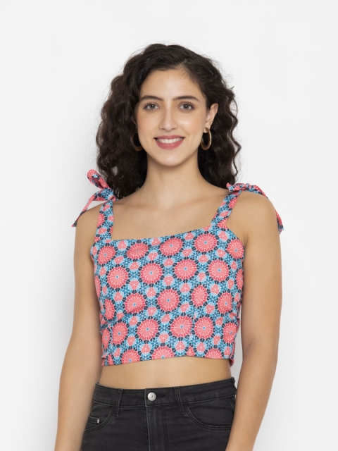 

OCTICS Women Blue & Peach Floral Print Crop Top