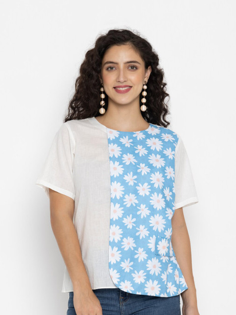 

OCTICS Women Blue & White Floral Print Top