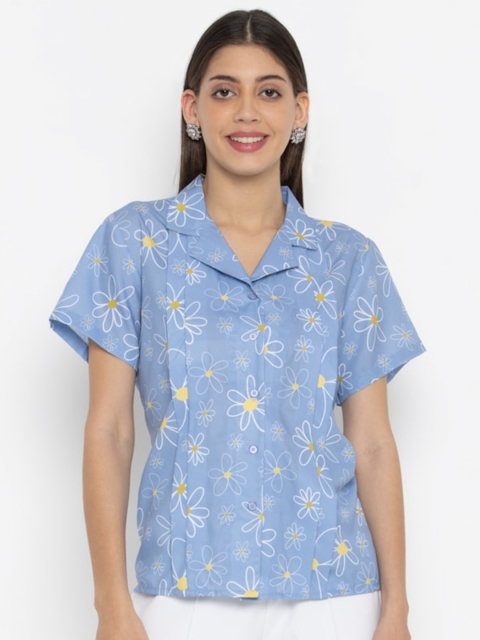 

OCTICS Women Blue & White Floral Print Shirt Style Top