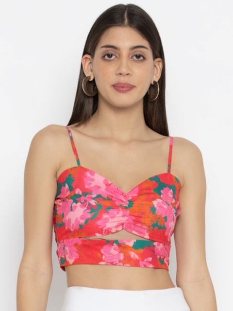 

OCTICS Pink & Green Floral Print Sweetheart Neck Crepe Crop Top