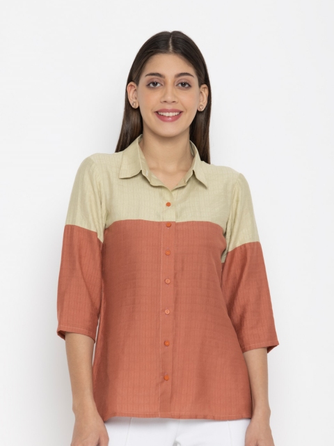 

OCTICS Beige & Brown Colourblocked Shirt Style Top