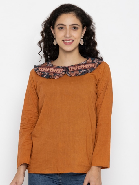 

OCTICS Brown Plain Top With Printed Peter Pan Collar