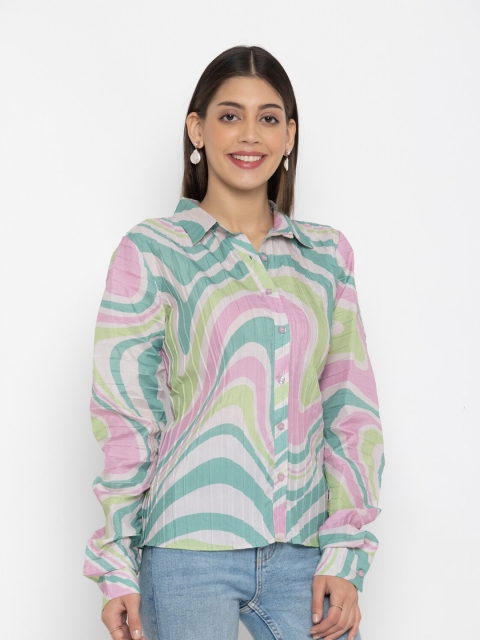 

OCTICS Women Pink & Green Geometric Printed Casual Shirt