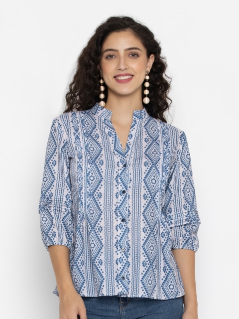 

OCTICS Women Blue Geometric Print Mandarin Collar Shirt Style Top
