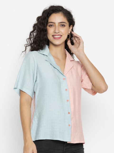 

OCTICS Women Blue & Pink Self Design Shirt Style Top