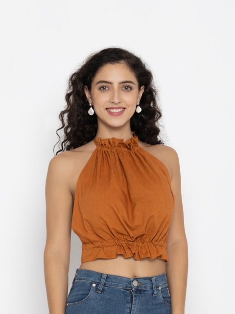 

OCTICS Women Brown Halter Neck Crop Top