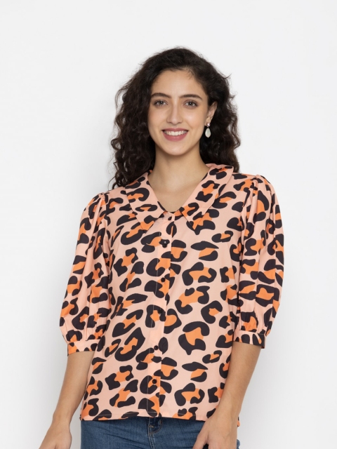 

OCTICS Cream-Coloured Animal Print Chiffon Shirt Style Top