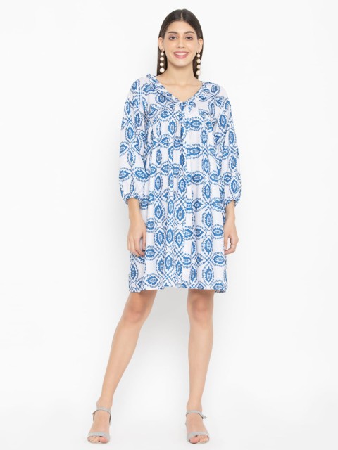 

OCTICS Off White & Blue Printed A-Line Dress