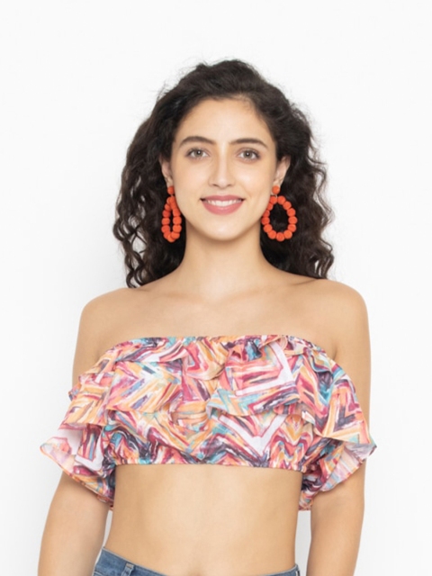 

OCTICS Women Multicoloured Print Off-Shoulder Ruffles Chiffon Tube Crop Top, Multi