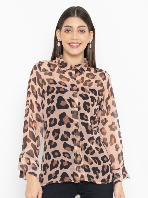 

OCTICS Beige Animal Print Shirt Collar Top