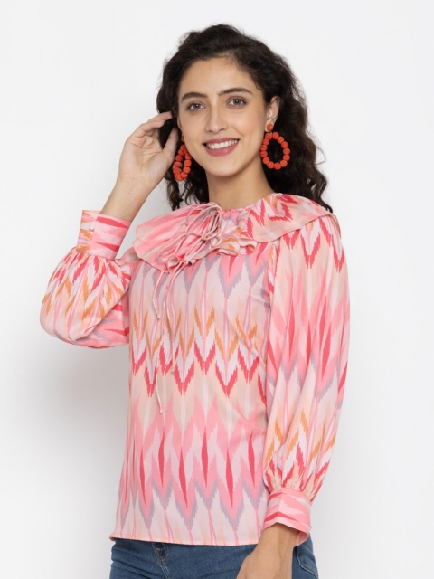 

OCTICS Pink Ikat Print Tie-Up Neck Crepe Top