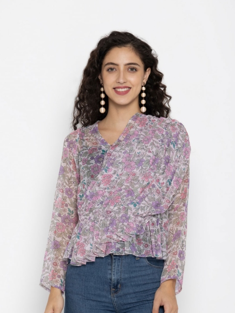 

OCTICS Multicoloured Floral Print Georgette Wrap Pleated Top, Multi