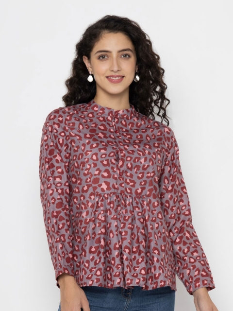

OCTICS Grey & Maroon Animal Print Mandarin Collar Top