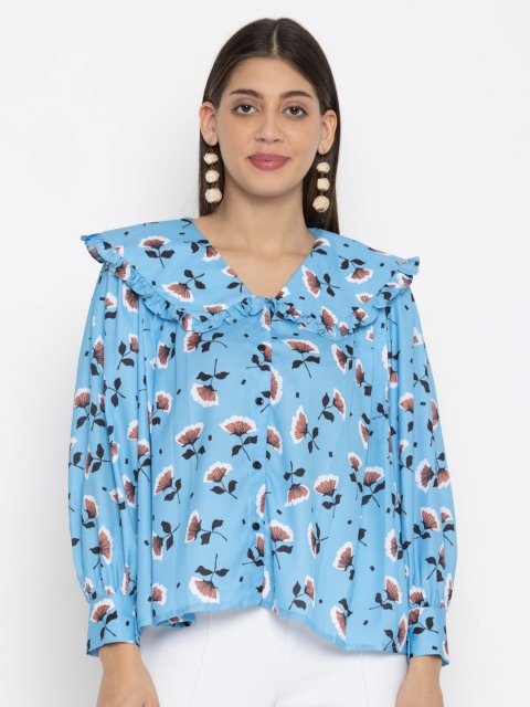 

OCTICS Women Blue Floral Print Crepe Top
