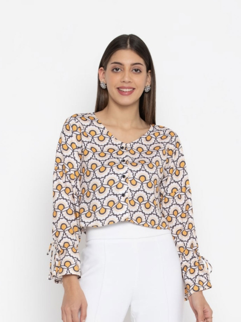 

OCTICS Women White & Yellow Ethnic Printed Crepe Top
