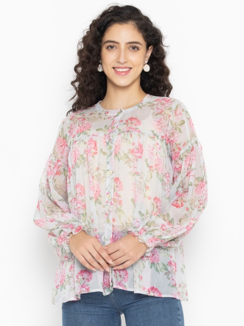 

OCTICS Women White & Pink Floral Print Georgette Top