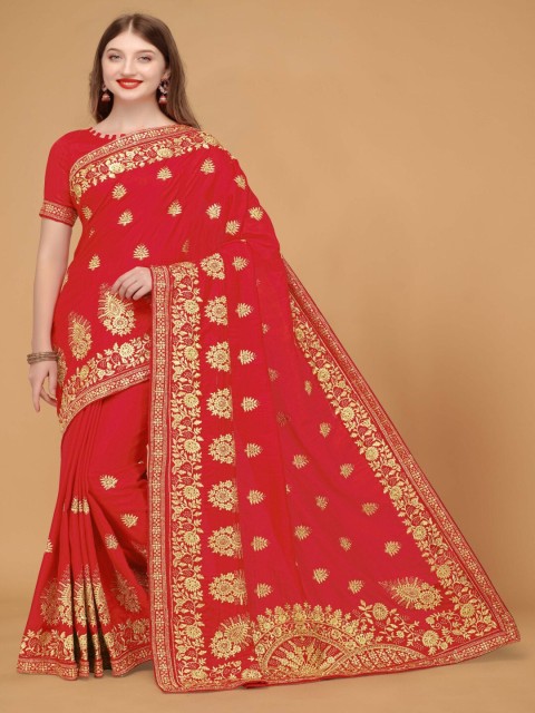 

Monrav Red & Gold-Toned Floral Embroidered Silk Blend Saree