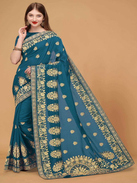 

Monrav Blue & Gold-Toned Floral Embroidered Silk Blend Saree
