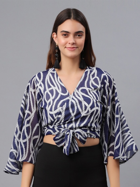 

PRETTY LOVING THING Navy Blue Print Chiffon Wrap Crop Top