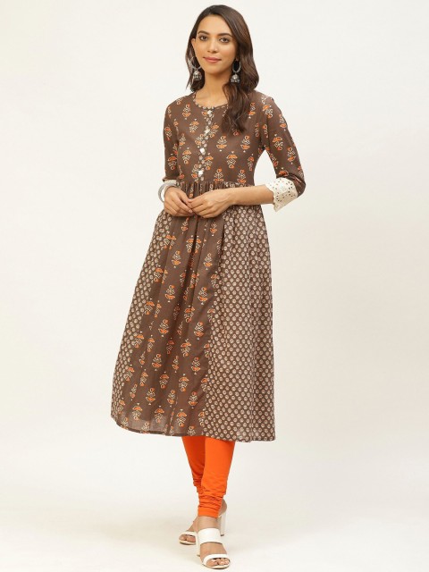 

FABRIC FITOOR Women Brown & White Ethnic Motifs Printed Anarkali Kurta