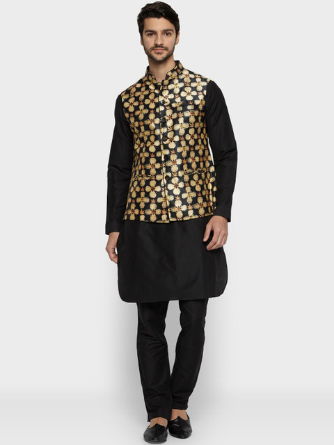 

Ethnix by Raymond Men Black Printed Kurta with Pyjamas & Waistcoat