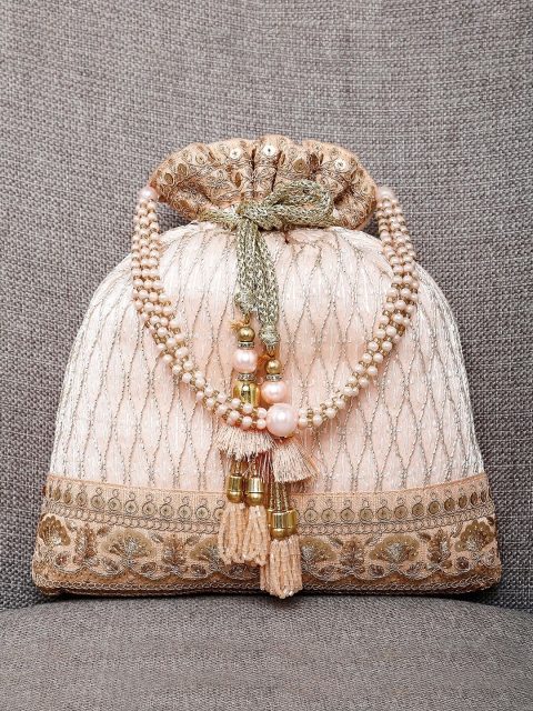 

Peora Peach-Coloured & Gold-Toned Embellished Potli Clutch