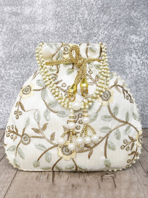 

Peora Cream-Coloured & Gold-Toned Embroidered Potli Clutch