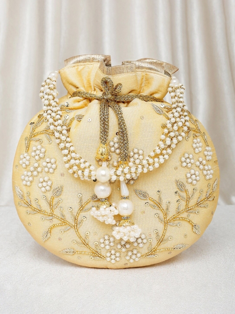 

Peora Women Cream-Coloured & Gold-Toned Embroidered Potli Clutch