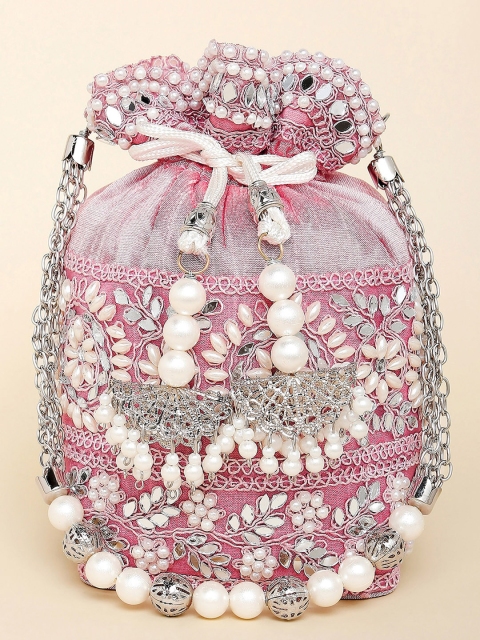

Peora Pink & Silver-Toned Embroidered Potli Clutch