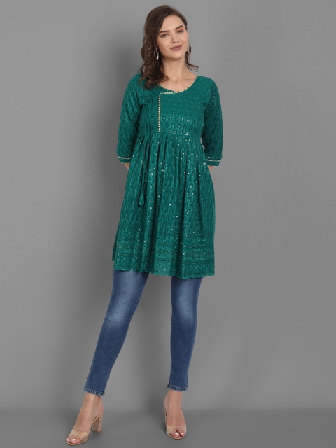 

TORONFRAS Teal Floral Embroidered Sequinned Pleated Kurti