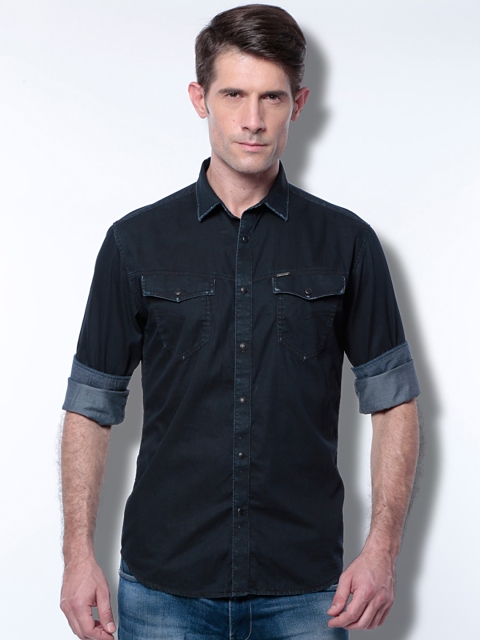 

V Dot by Van Heusen Men Navy Blue Slim Fit Solid Denim Casual Shirt