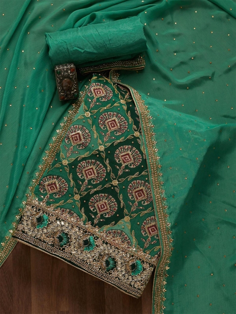 

Koskii Green & Gold-Toned Embroidered Unstitched Dress Material