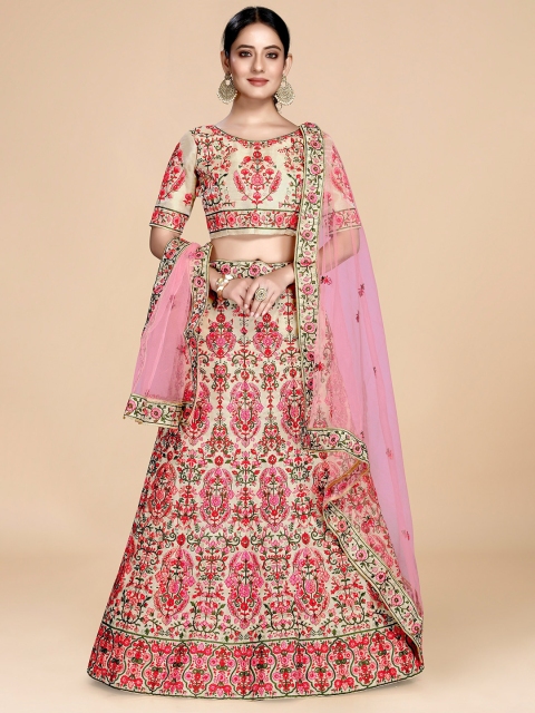 

Nityanta Fab Women Cream & Red Embroidered Semi-Stitched Lehenga & Blouse With Dupatta