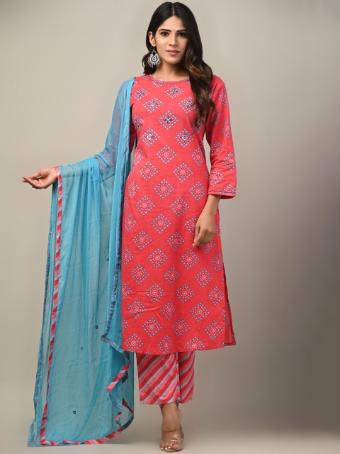 

DHRTI Women Red Ethnic Motifs Embroidered Pure Cotton Kurti with Palazzos & With Dupatta