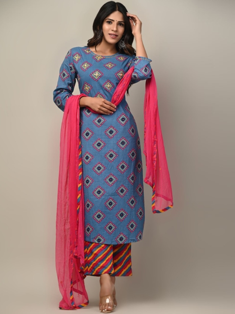 

DHRTI Women Blue Printed Pure Cotton Kurta with Palazzos & With Dupatta