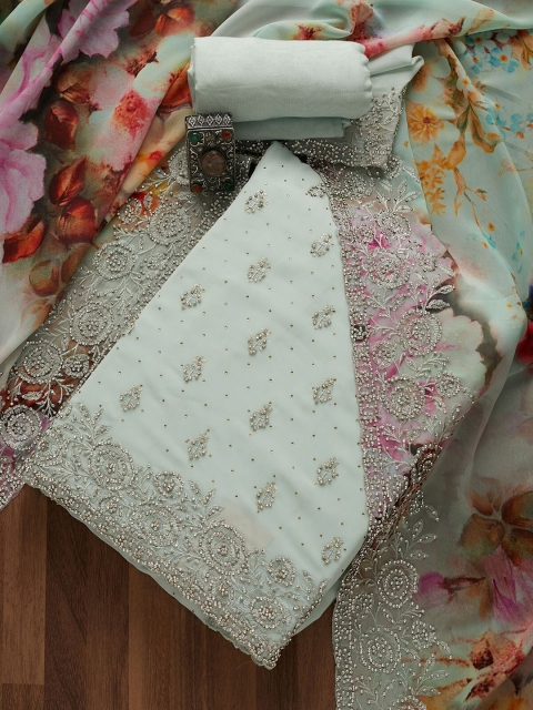 

Koskii Women White Stonework Embroidered Unstitched Dress Material