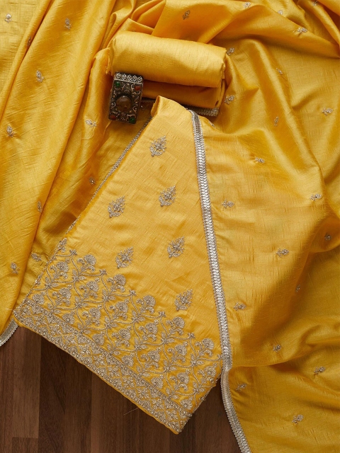 

Koskii Yellow & Silver-Toned Embroidered Art Silk Unstitched Dress Material