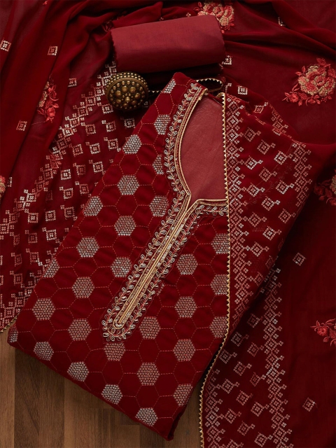 

Koskii Women Maroon & Gold-Toned Embroidered Unstitched Dress Material